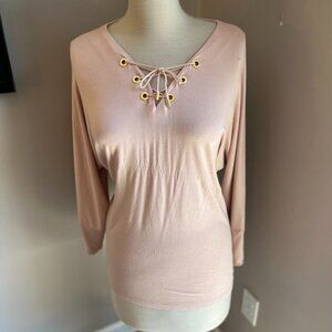 Calvin Klein Tunic Blouse‎ 3/4 Sleeve Criss Cross Lace Up V Neck Peach Large